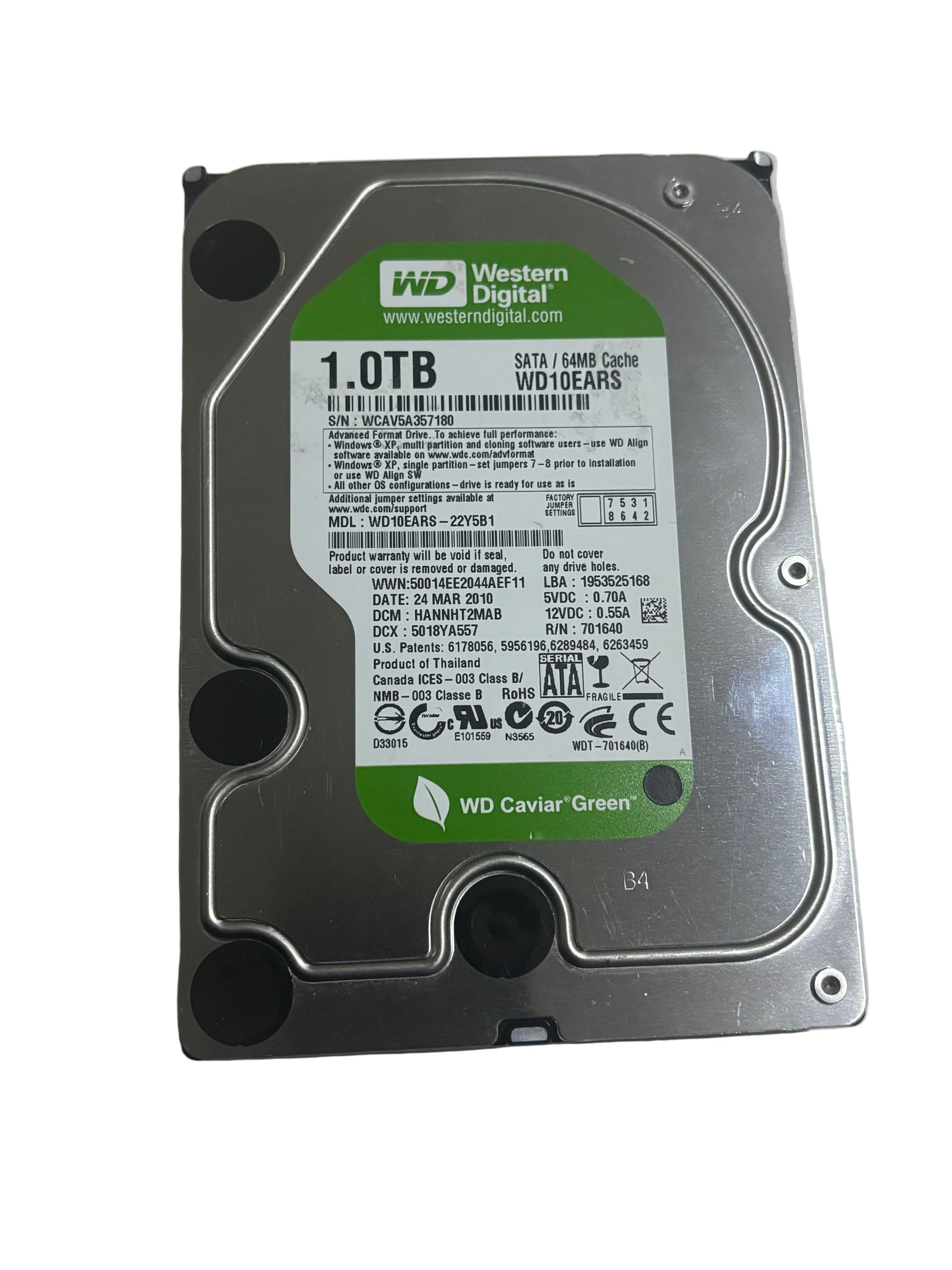 Western Digital Caviar Green WD10EARS 1.0TB 3.5-inch Desktop hard disk drive