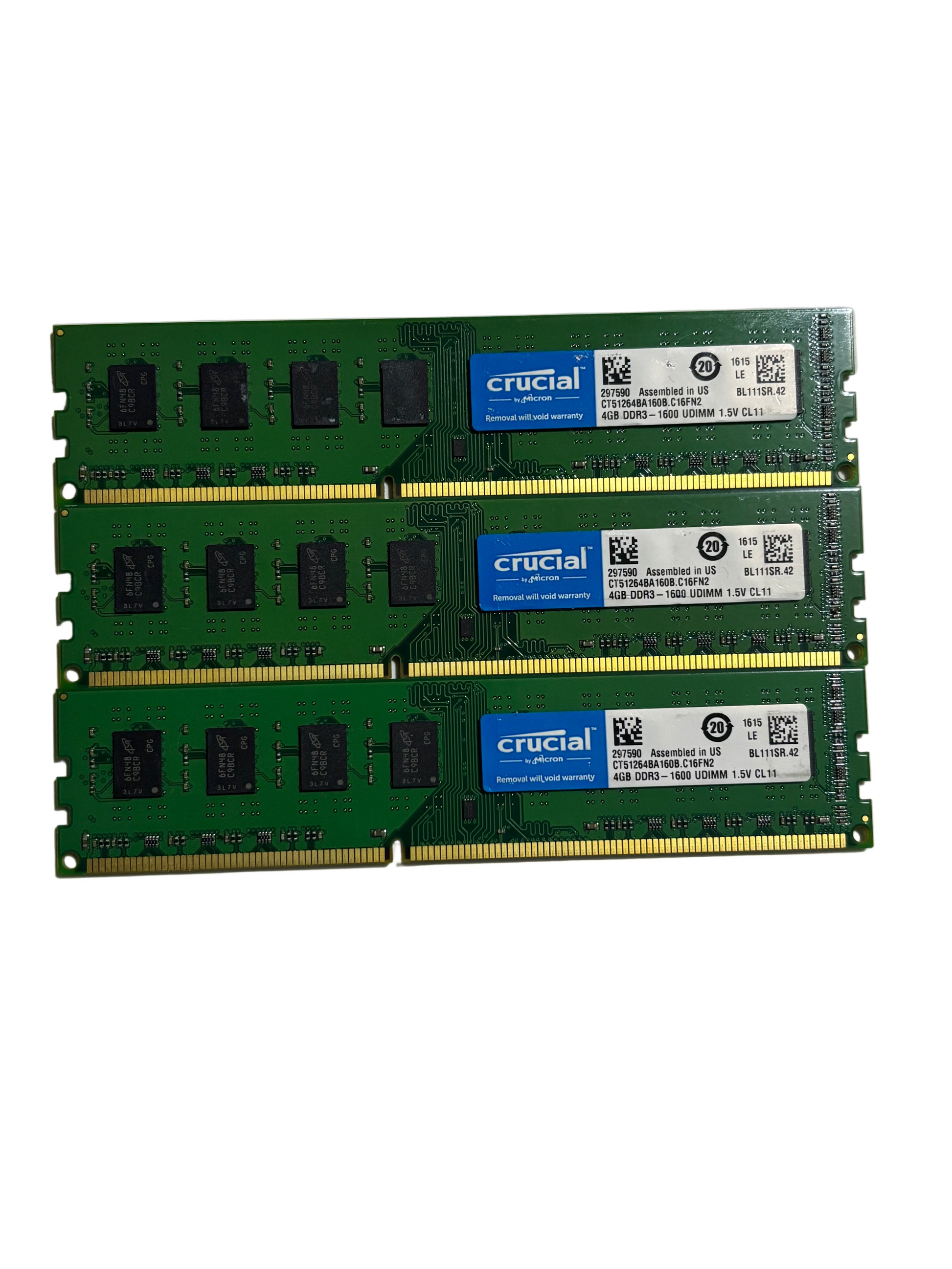 PC3 CRUCIAL 12GB-1600 UDIMM 3X4GB 2Rx8 DDR3 DESKTOP MEMORY CT51264BA160B.C16FN2 RAM